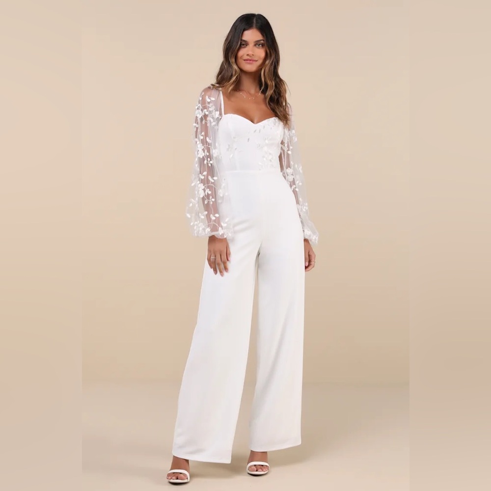 Lulus Darling Charisma White Mesh Embroidered Jumpsuit